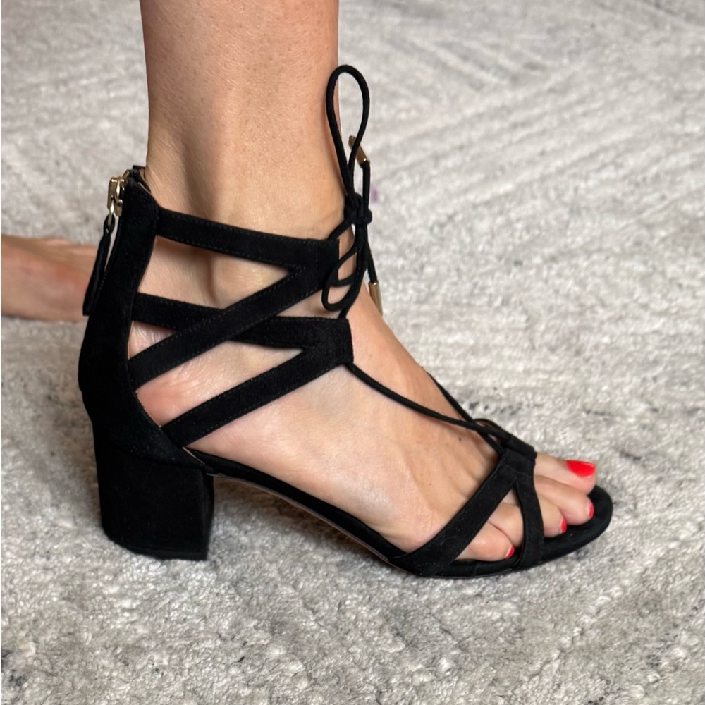 Aquazzura Black Strappy Sandals with Low Block Heel